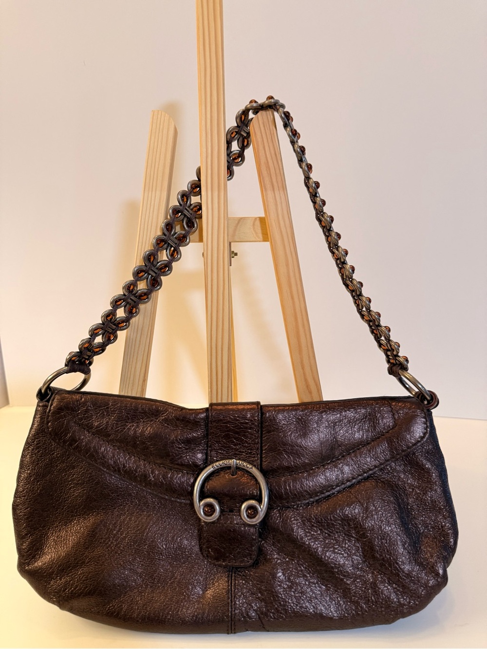 Elliott Lucca Dark Brown Leather Shoulder Bag with Chain Strap